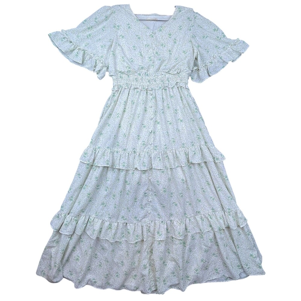 Leia NCo Dress Medium Green Ivory Peasant Ruffled Tiered Cottage Country Prairie